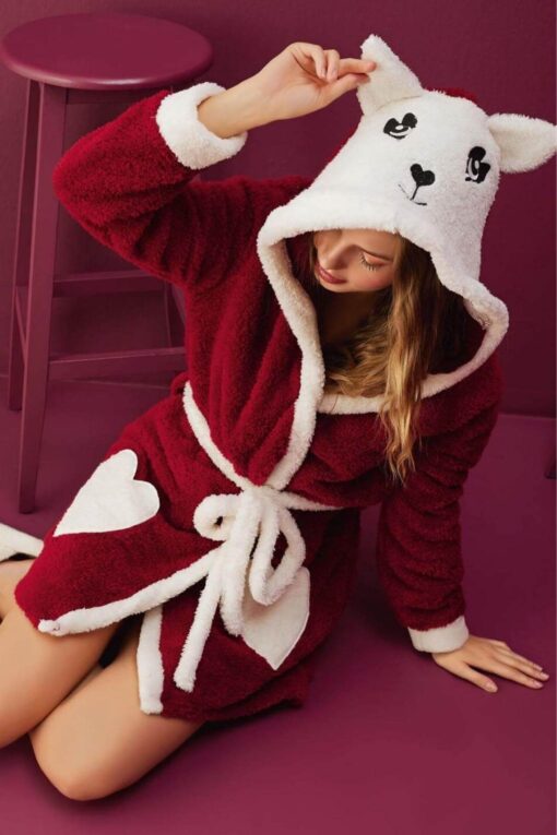 Γυναικεία Ρόμπα Με Κουκούλα Fleece 8602-1 - ΚΡΑΣΟΥΛΙ, L-XL - Image 4