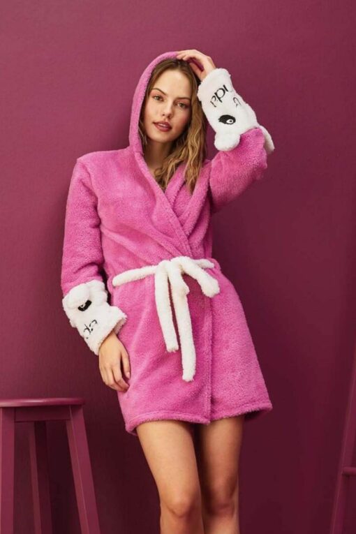 Γυναικεία Ρόμπα Με Κουκούλα Fleece C8605 - ΡΟΖ, L-XL - Image 4