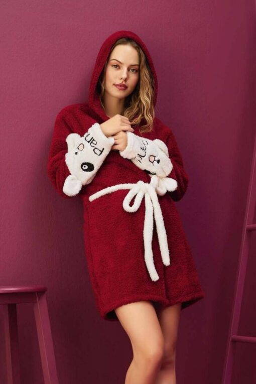 Γυναικεία Ρόμπα Με Κουκούλα Fleece J8605 - ΚΡΑΣΟΥΛΙ, S-M - Image 4