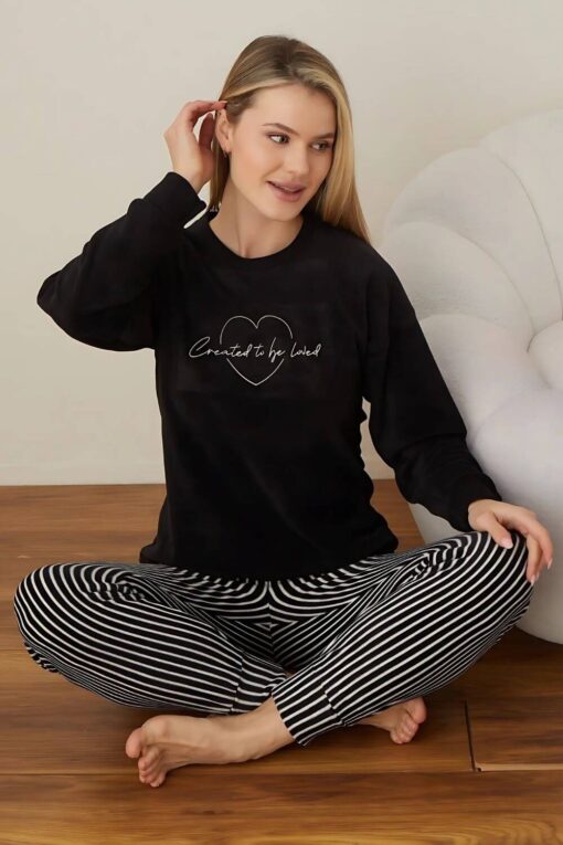 Πιτζάμα Γυναικεία Fleece 7040 - ΜΑΥΡΟ, S-M - Image 4