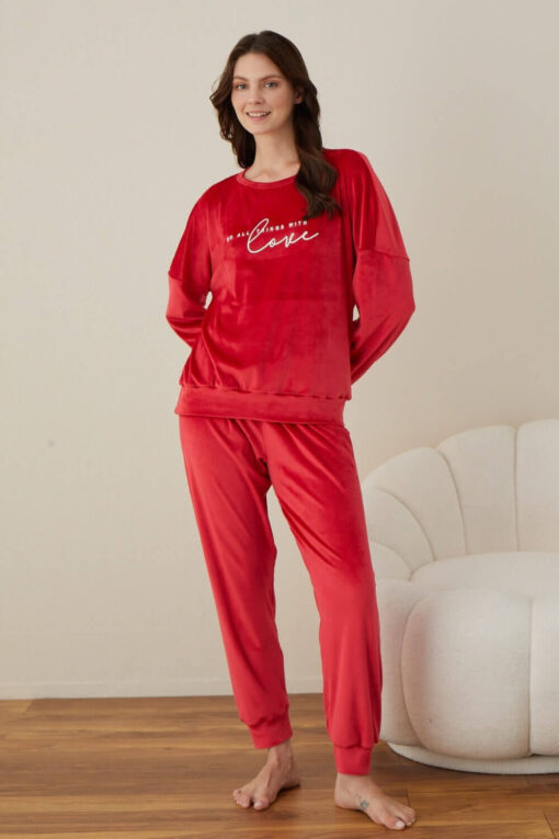 Πιτζάμα Γυναικεία Homewear Βελουτέ W03002 - ΚΟΚΚΙΝΟ, L - Image 2