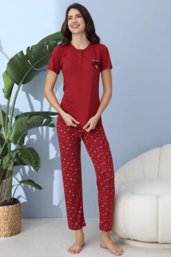 Alternative view of Γυναικεία Βαμβακερή Πιτζάμα Ανοιξιάτικη Φθινοπωρινή 30200 - ΚΡΑΣΟΥΛΙ, S-M