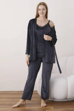 Alternative view of Πιτζάμα Γυναικεία Homewear Βελουτέ Σετ 3Pack 03056 - ΑΝΘΡΑΚΙ, S-M