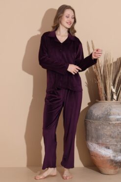 Alternative view of Πιτζάμα Γυναικεία Βελουτέ Με Κουμπιά W3404 - ΜΩΒ, S-M