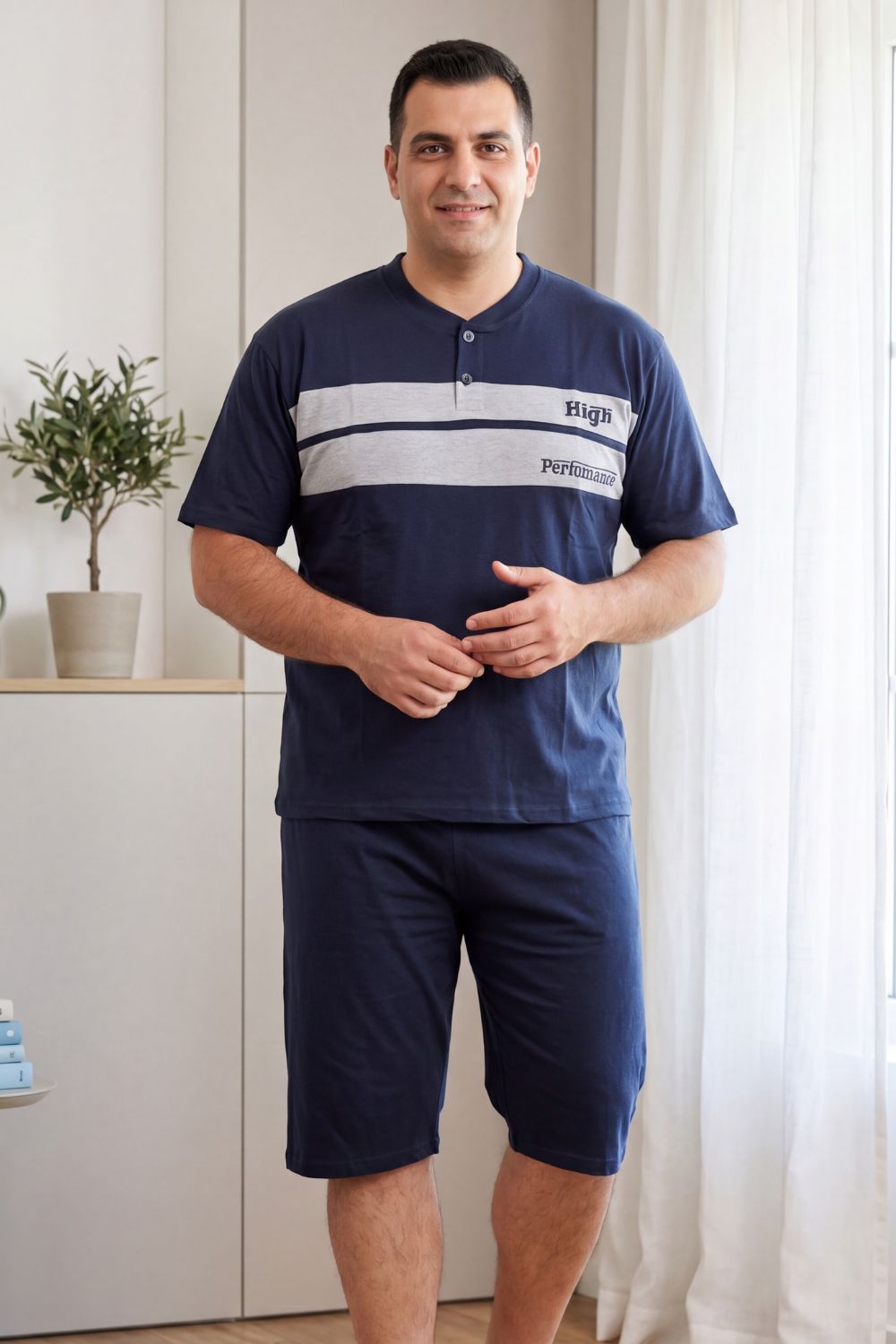 Ανδρική Βαμβακερή Πιτζάμα Καλοκαιρινή Plus Size DR0835 - ΜΠΛΕ ΣΚΟΥΡΟ, 5XL