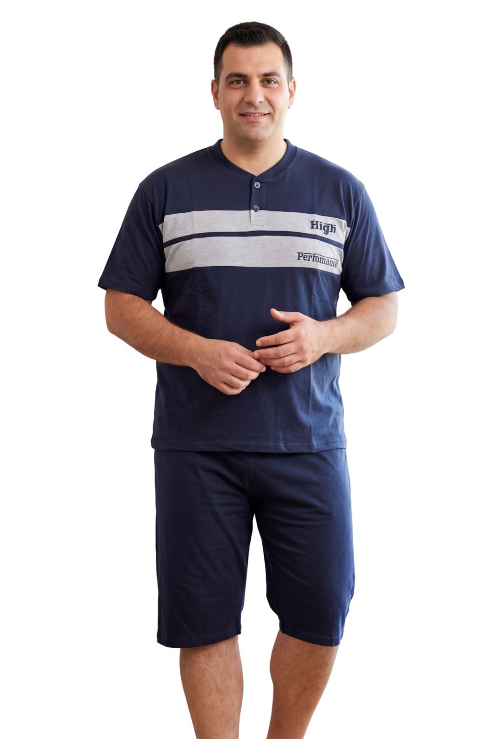 Ανδρική Βαμβακερή Πιτζάμα Καλοκαιρινή Plus Size DR0835 - ΜΠΛΕ ΣΚΟΥΡΟ, 5XL - Image 3