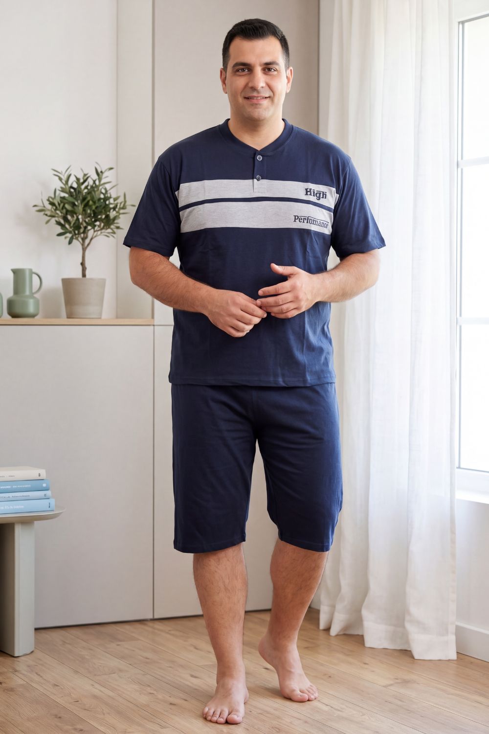 Ανδρική Βαμβακερή Πιτζάμα Καλοκαιρινή Plus Size DR0835 - ΜΠΛΕ ΣΚΟΥΡΟ, 5XL - Image 4