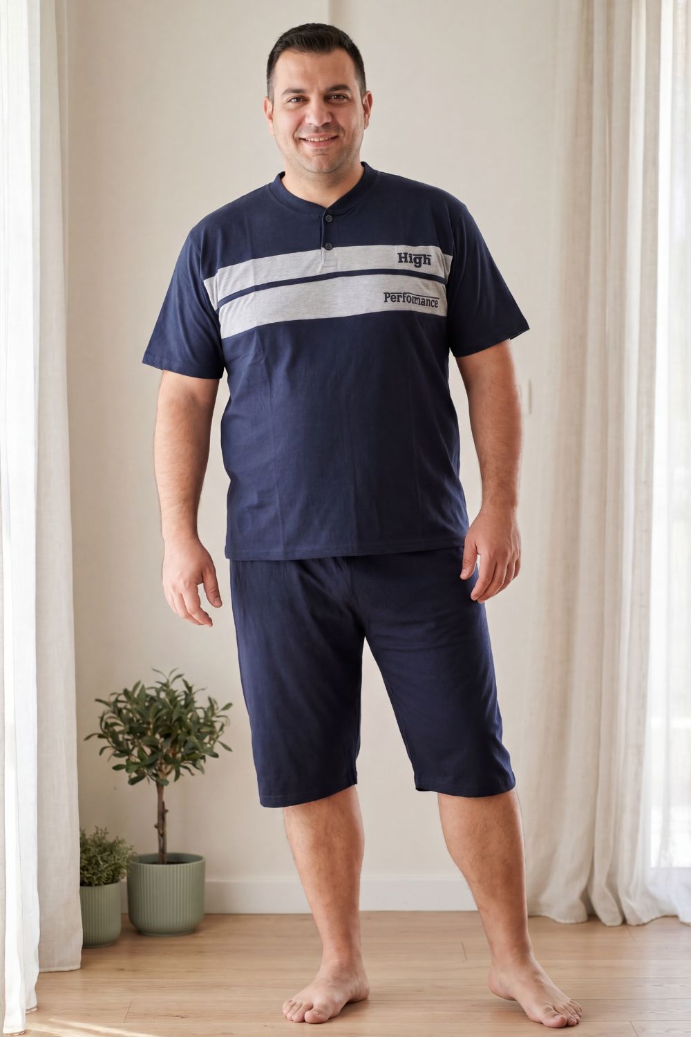 Ανδρική Βαμβακερή Πιτζάμα Καλοκαιρινή Plus Size DR0835 - ΜΠΛΕ ΣΚΟΥΡΟ, 5XL - Image 5