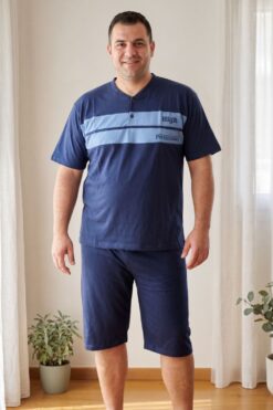 Ανδρική Βαμβακερή Πιτζάμα Καλοκαιρινή Plus Size DW0835 - ΜΠΛΕ ΡΑΦ, 3XL