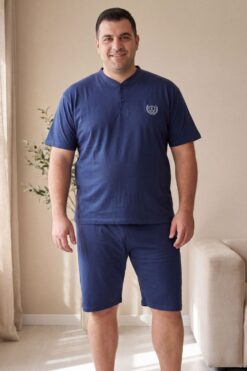 Ανδρική Βαμβακερή Πιτζάμα Καλοκαιρινή Plus Size RC1065 - ΜΠΛΕ ΣΚΟΥΡΟ, 3XL