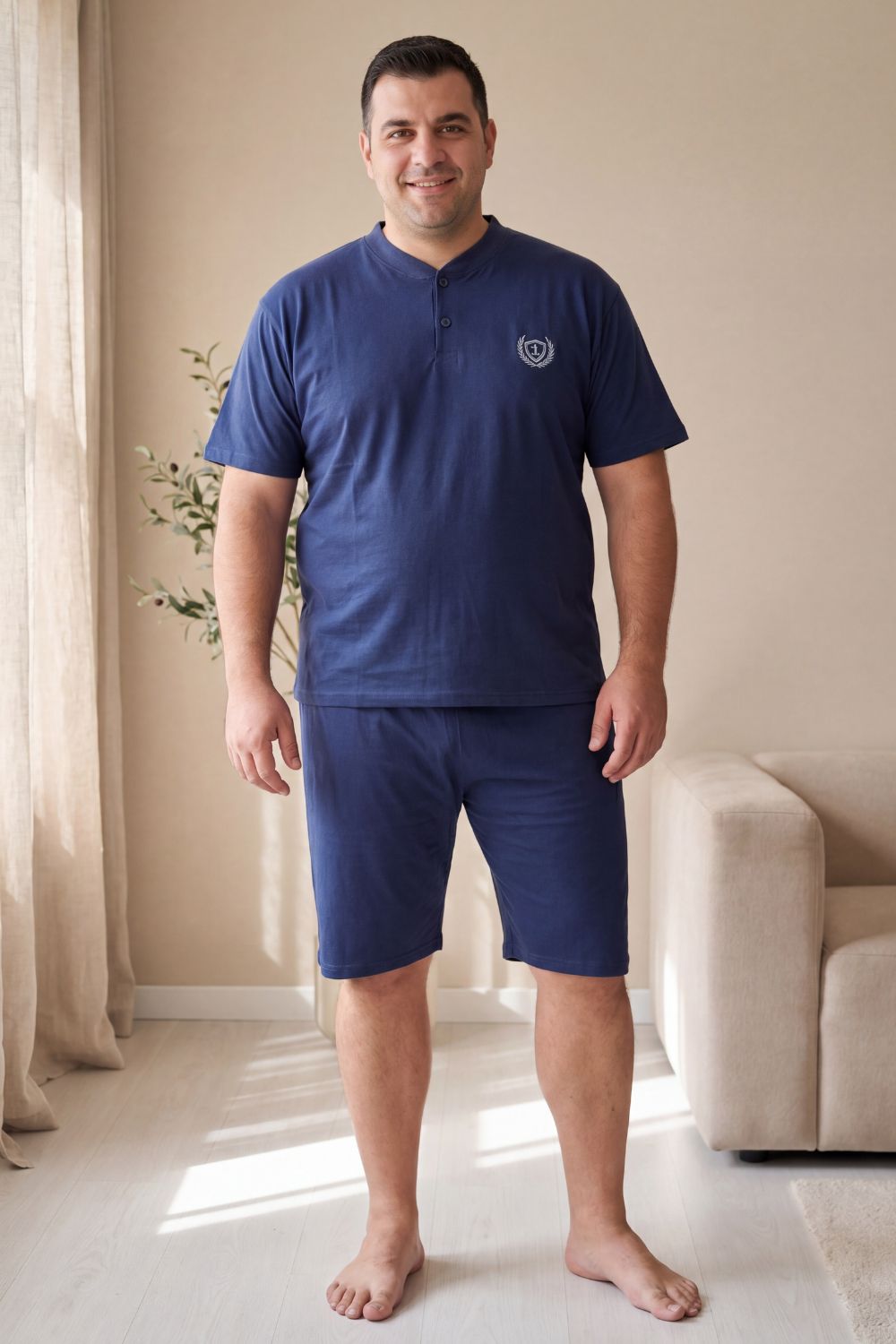 Ανδρική Βαμβακερή Πιτζάμα Καλοκαιρινή Plus Size RC1065 - ΜΠΛΕ ΣΚΟΥΡΟ, 4XL - Image 4