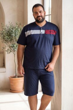 Ανδρική Βαμβακερή Πιτζάμα Καλοκαιρινή Plus Size WR2065 - ΜΠΛΕ ΣΚΟΥΡΟ, 3XL