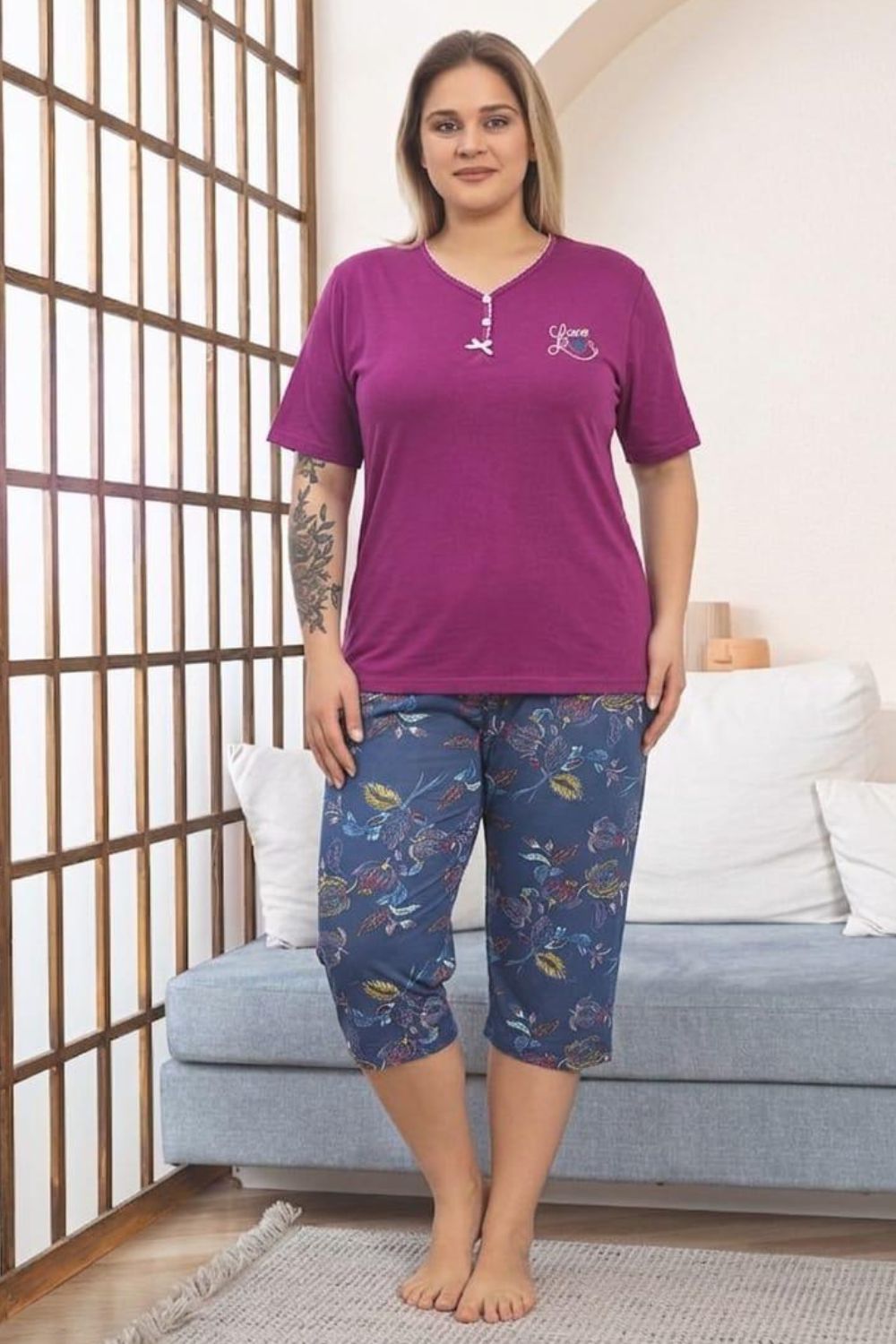 Γυναικεία Πιτζάμα Homewear Κάπρι Κοντό Μανίκι F8647 - ΜΠΟΡΝΤΟ, 3XL