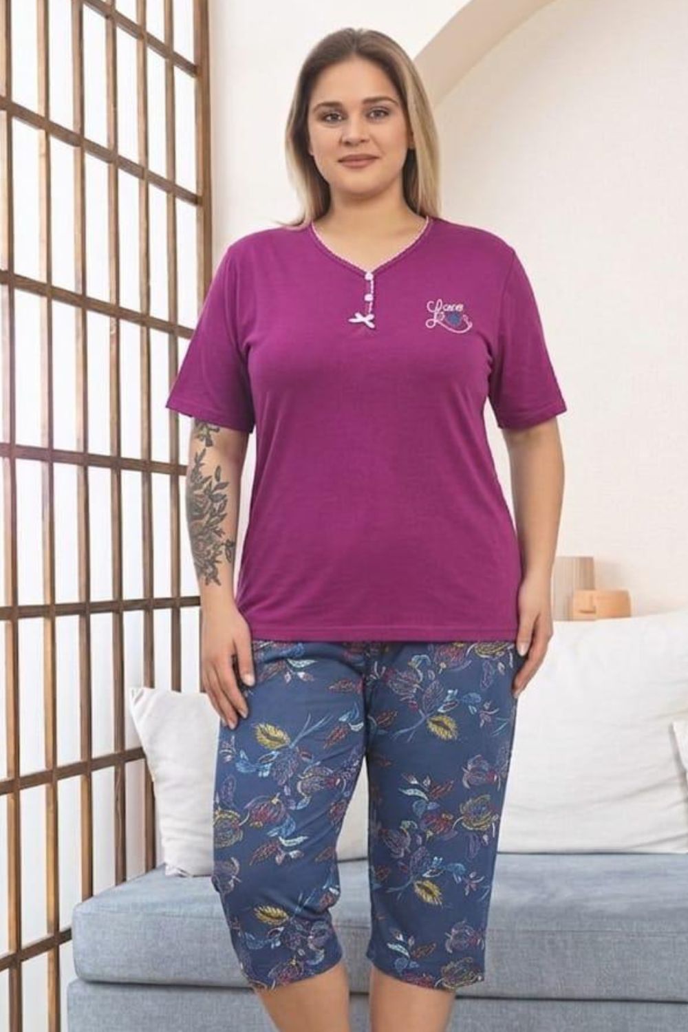 Γυναικεία Πιτζάμα Homewear Κάπρι Κοντό Μανίκι F8647 - ΜΠΟΡΝΤΟ, 3XL - Image 2