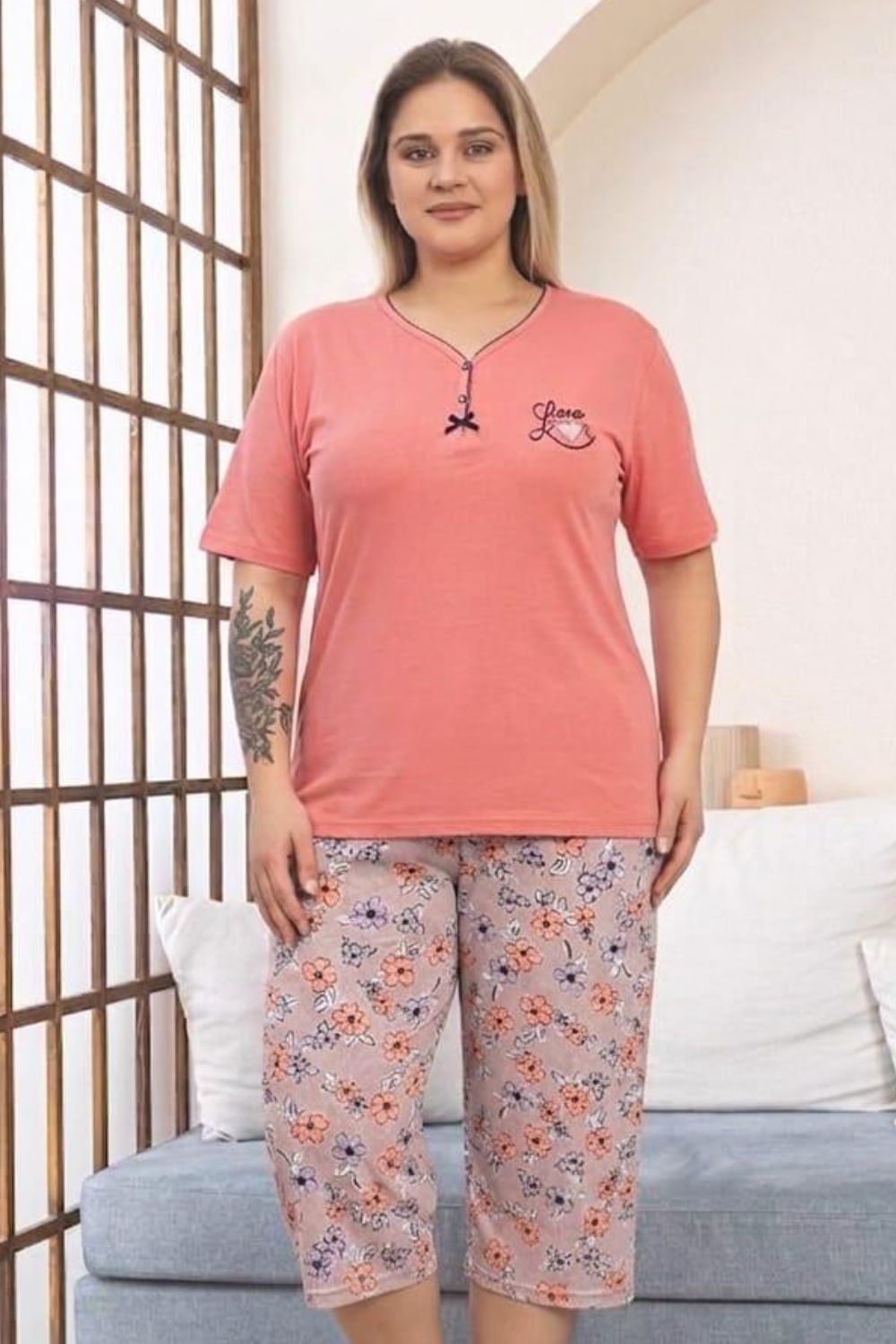 Γυναικεία Πιτζάμα Homewear Κάπρι Κοντό Μανίκι G8647 - ΚΟΡΑΛΙ, XXL - Image 2