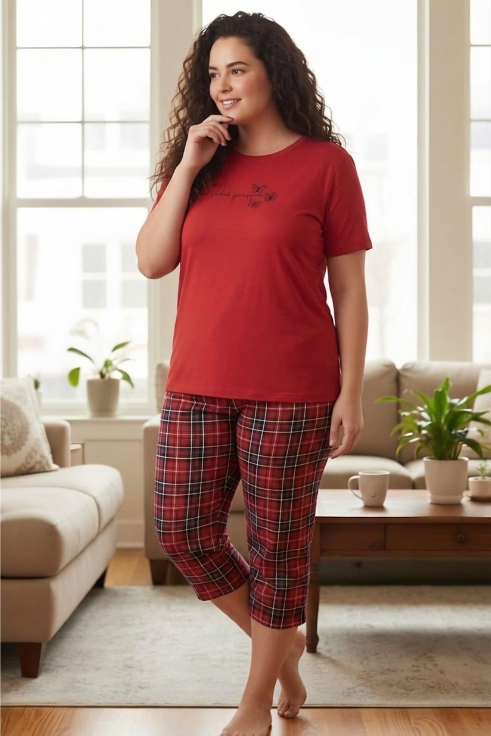 Γυναικεία Πιτζάμα Βαμβακερή Homewear Κάπρι Κοντό Μανίκι 8605 - ΚΟΚΚΙΝΟ, 3XL - Image 2