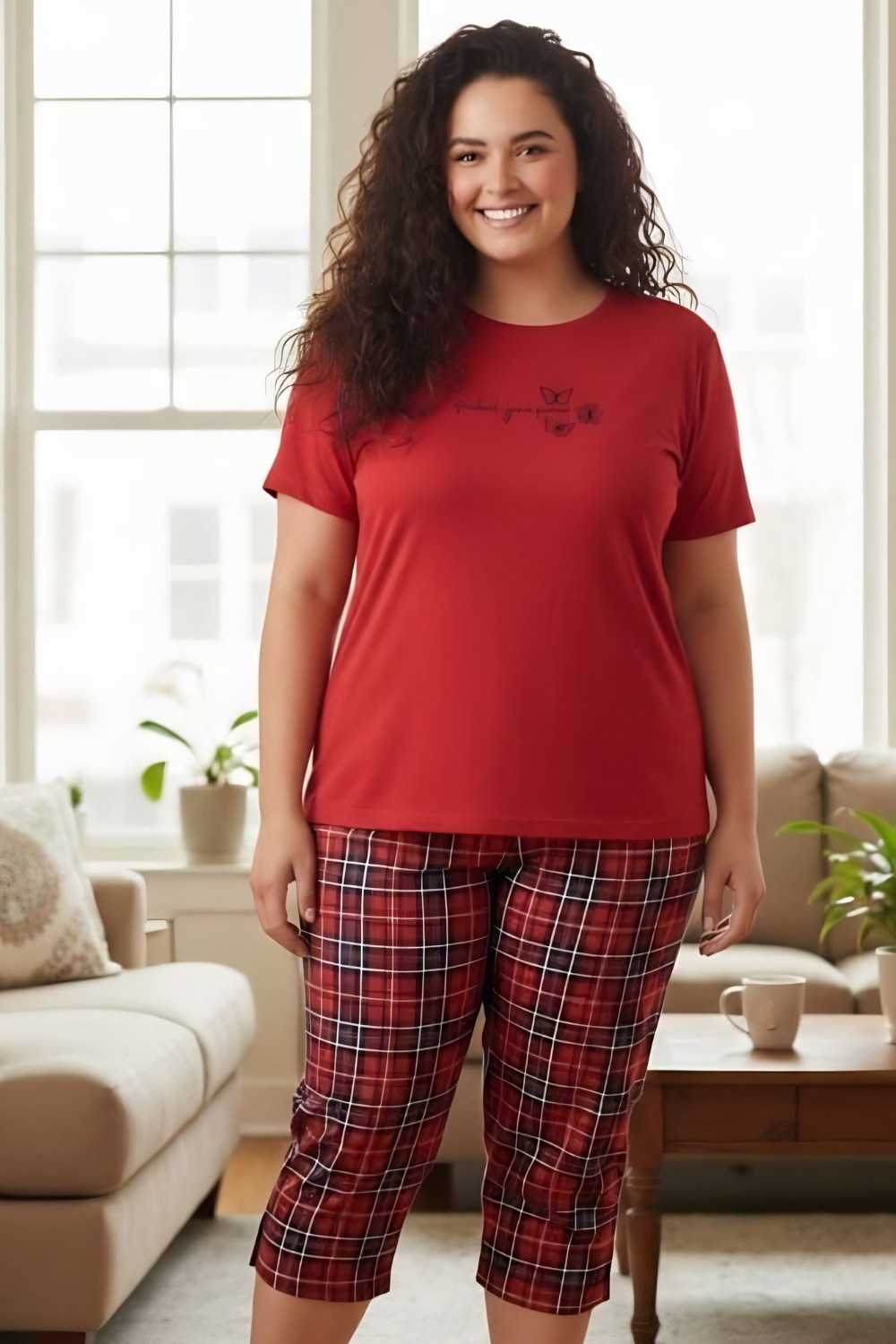 Γυναικεία Πιτζάμα Βαμβακερή Homewear Κάπρι Κοντό Μανίκι 8605 - ΚΟΚΚΙΝΟ, 3XL - Image 3