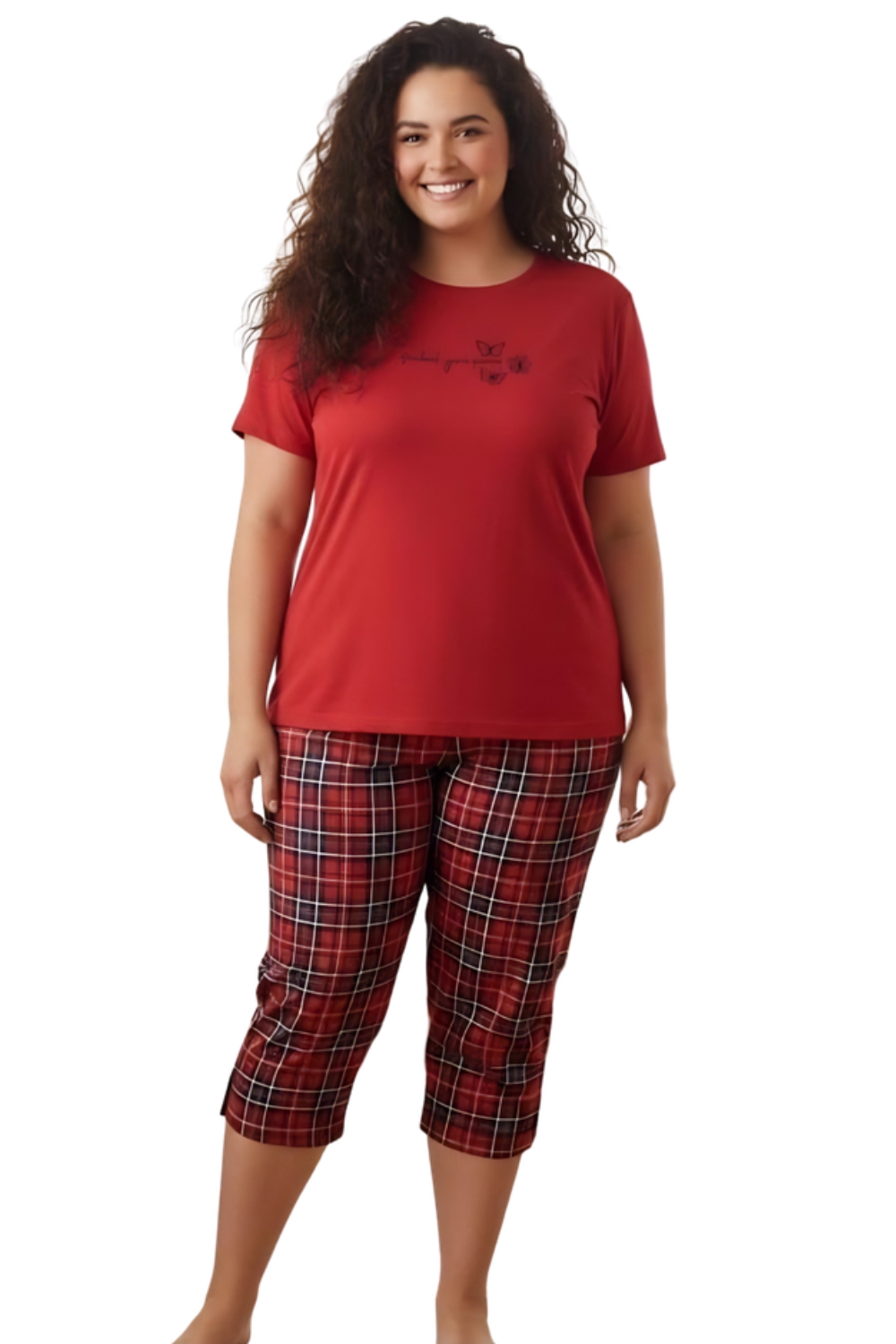 Γυναικεία Πιτζάμα Βαμβακερή Homewear Κάπρι Κοντό Μανίκι 8605 - ΚΟΚΚΙΝΟ, 3XL - Image 4