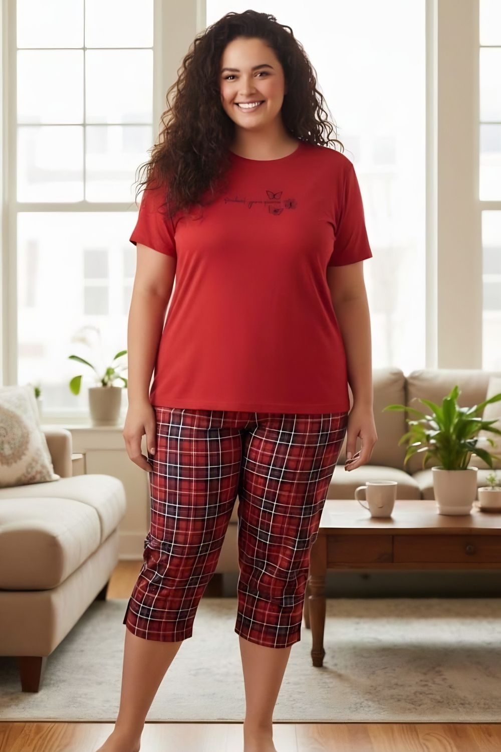 Γυναικεία Πιτζάμα Βαμβακερή Homewear Κάπρι Κοντό Μανίκι 8605 - ΚΟΚΚΙΝΟ, 3XL
