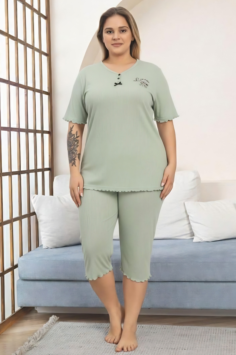 Γυναικεία Πιτζάμα Βαμβακερή Homewear Κάπρι Κοντό Μανίκι 8629 - ΦΥΣΤΙΚΙ, XL
