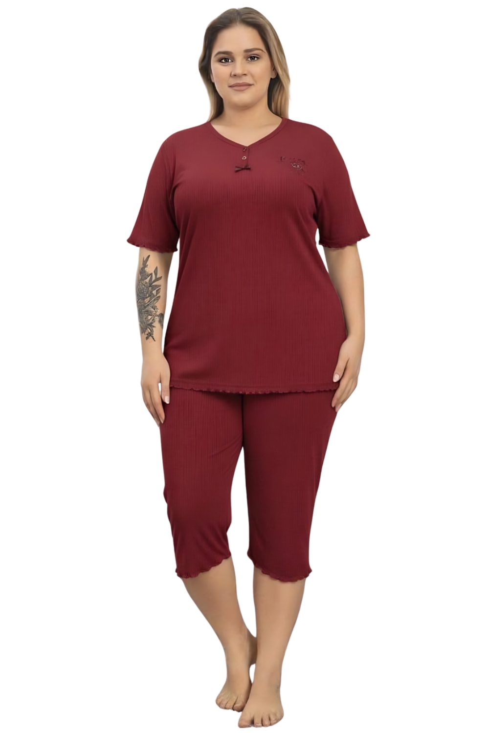 Γυναικεία Πιτζάμα Βαμβακερή Homewear Κάπρι Κοντό Μανίκι D8629 - ΚΟΚΚΙΝΟ, XXL - Image 3