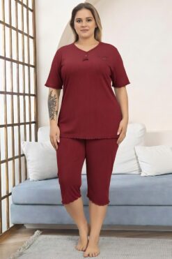 Γυναικεία Πιτζάμα Βαμβακερή Homewear Κάπρι Κοντό Μανίκι D8629 - ΚΟΚΚΙΝΟ, 4XL