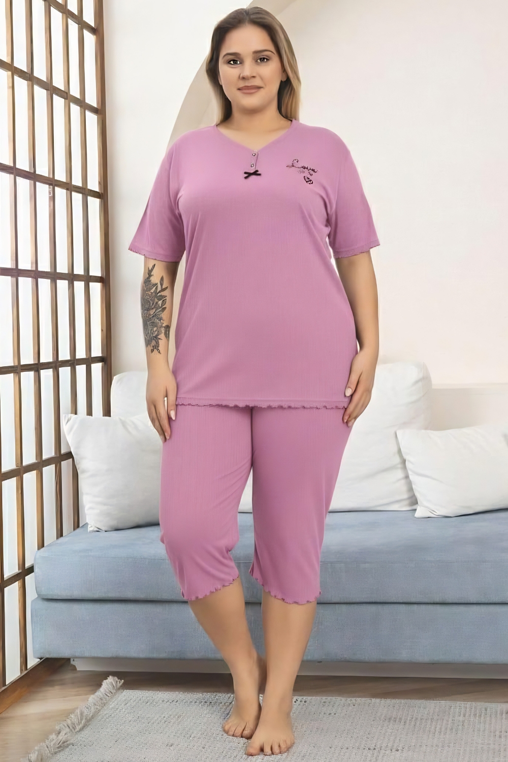 Γυναικεία Πιτζάμα Βαμβακερή Homewear Κάπρι Κοντό Μανίκι R8629 - ΡΟΖ, XXL