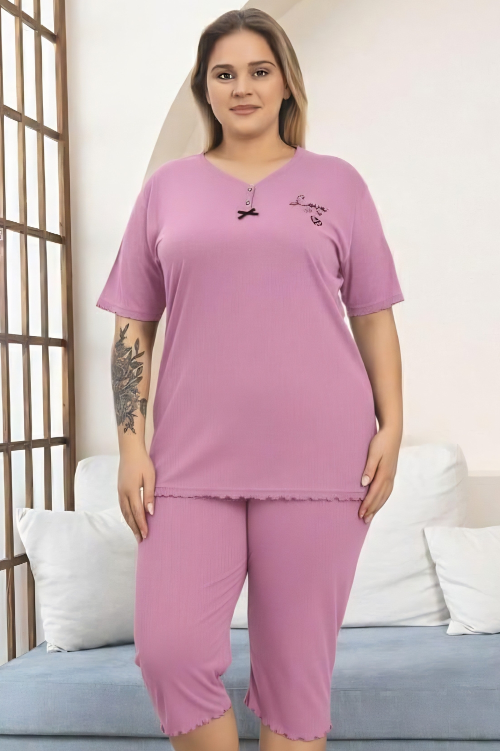 Γυναικεία Πιτζάμα Βαμβακερή Homewear Κάπρι Κοντό Μανίκι R8629 - ΡΟΖ, XXL - Image 2