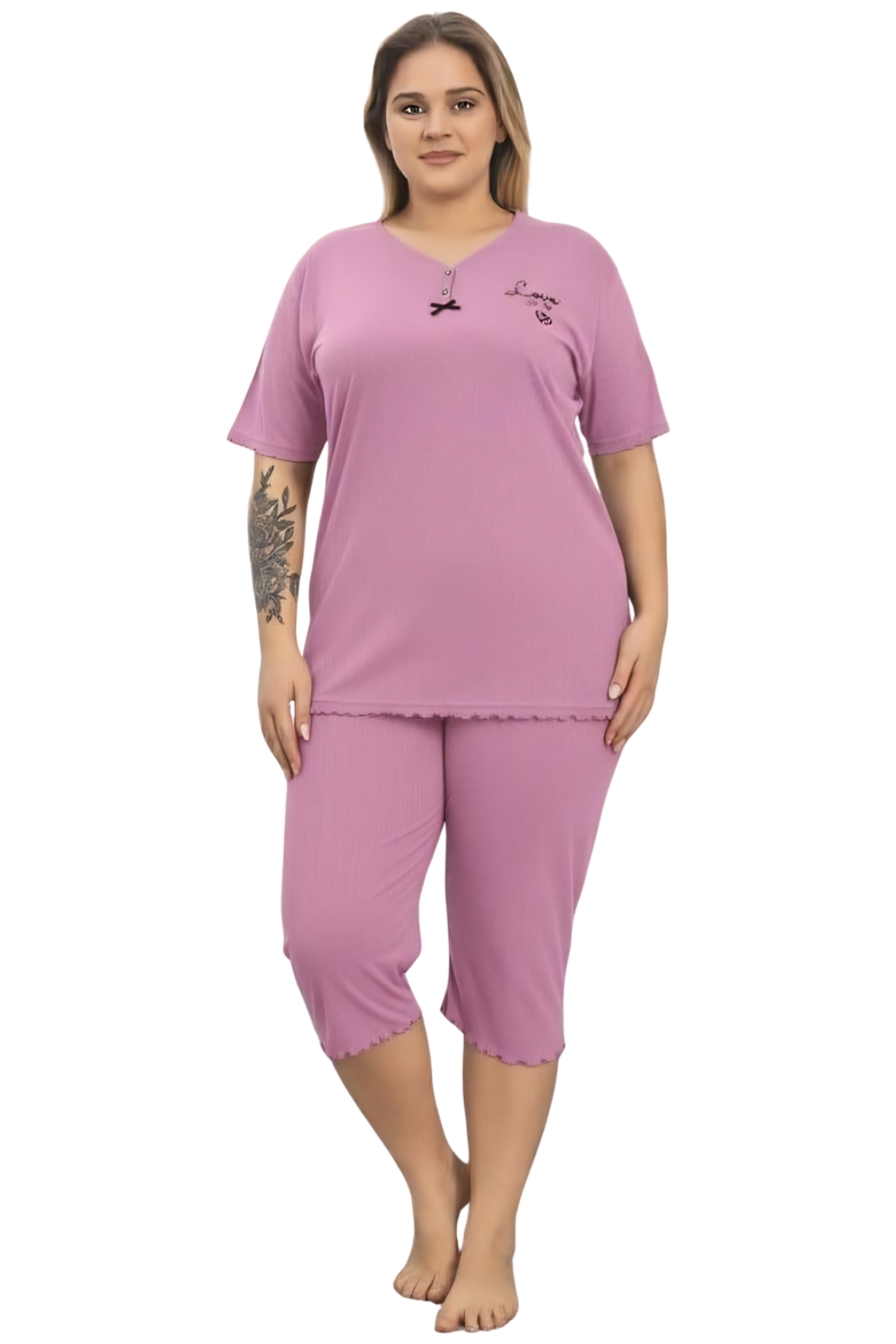 Γυναικεία Πιτζάμα Βαμβακερή Homewear Κάπρι Κοντό Μανίκι R8629 - ΡΟΖ, XXL - Image 3