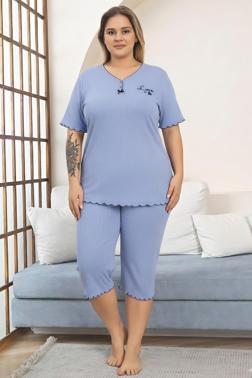 Γυναικεία Πιτζάμα Βαμβακερή Homewear Κάπρι Κοντό Μανίκι W8629 - ΓΑΛΑΖΙΟ, 4XL
