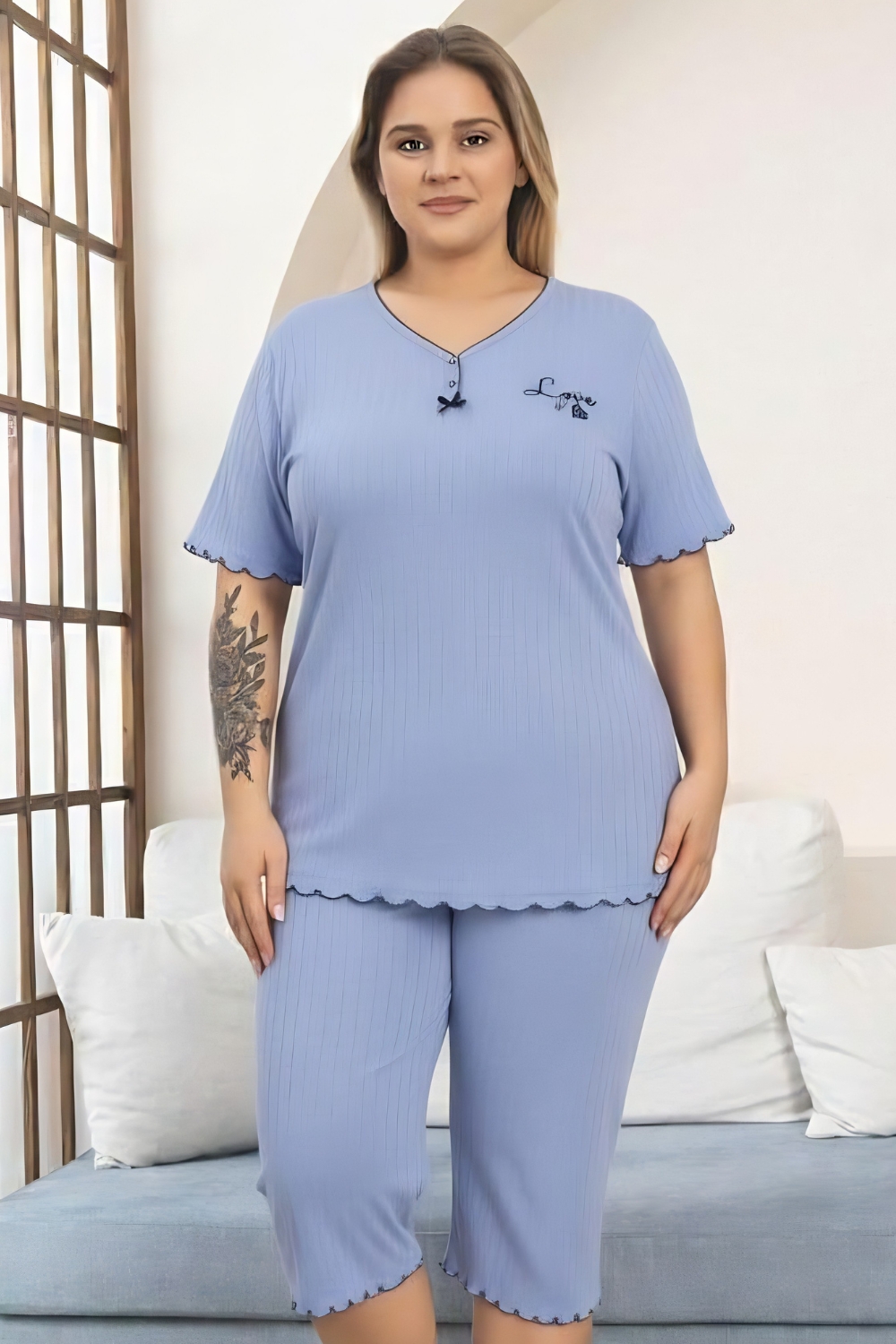Γυναικεία Πιτζάμα Βαμβακερή Homewear Κάπρι Κοντό Μανίκι W8629 - ΓΑΛΑΖΙΟ, 4XL - Image 2