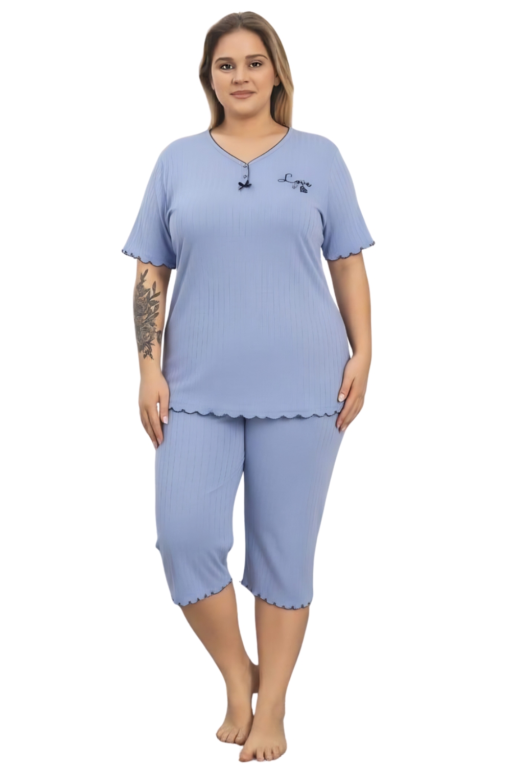 Γυναικεία Πιτζάμα Βαμβακερή Homewear Κάπρι Κοντό Μανίκι W8629 - ΓΑΛΑΖΙΟ, 4XL - Image 3