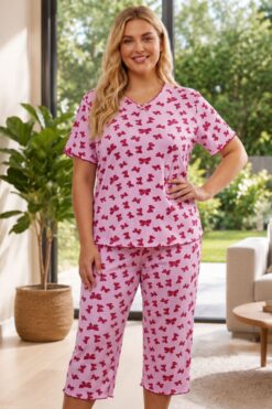 Γυναικεία Πιτζάμα Homewear με Φιογκάκια R8652 - ΡΟΖ, 3XL