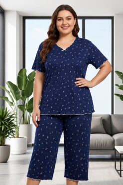 Γυναικεία Πιτζάμα Homewear με Μικρά Λουλουδάκια W8652 - ΜΠΛΕ, 3XL