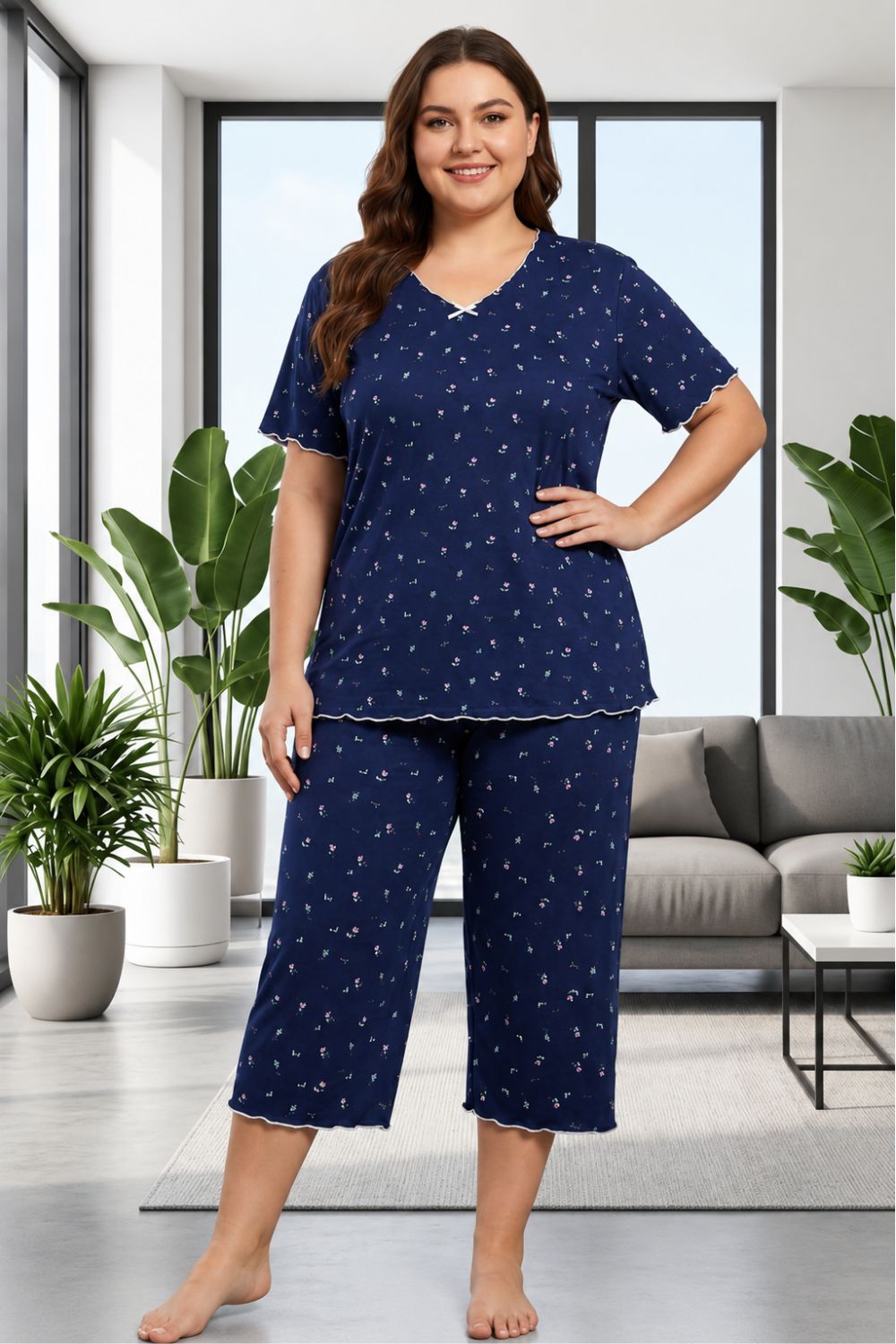 Γυναικεία Πιτζάμα Homewear με Μικρά Λουλουδάκια W8652 - ΜΠΛΕ, XL - Image 3
