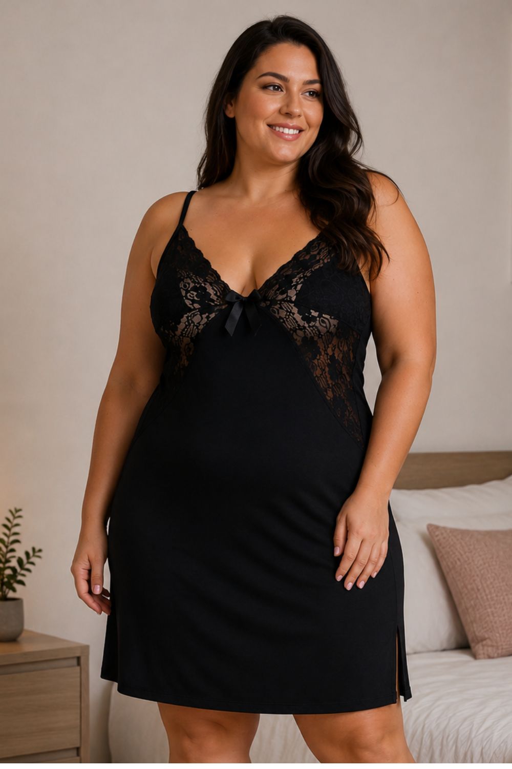 Μονόχρωμο Γυναικείο Νυχτικό Plus Size 8893 - ΜΑΥΡΟ, 4XL - Image 3