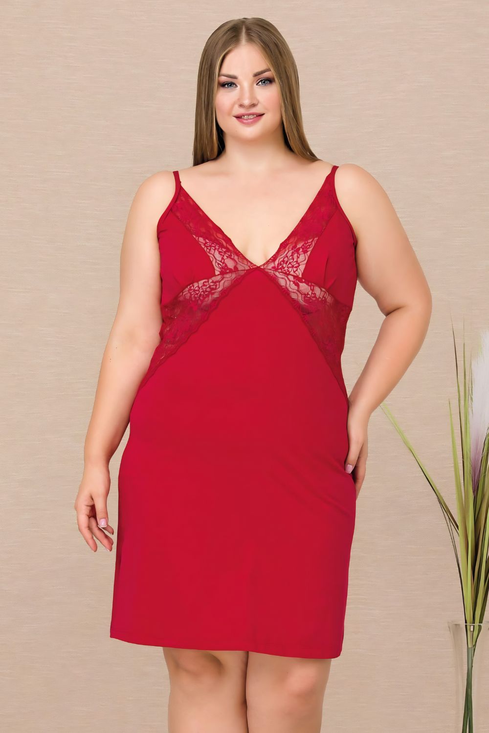 Μονόχρωμο Γυναικείο Νυχτικό Plus Size 8900 - ΚΟΚΚΙΝΟ, 4XL - Image 3