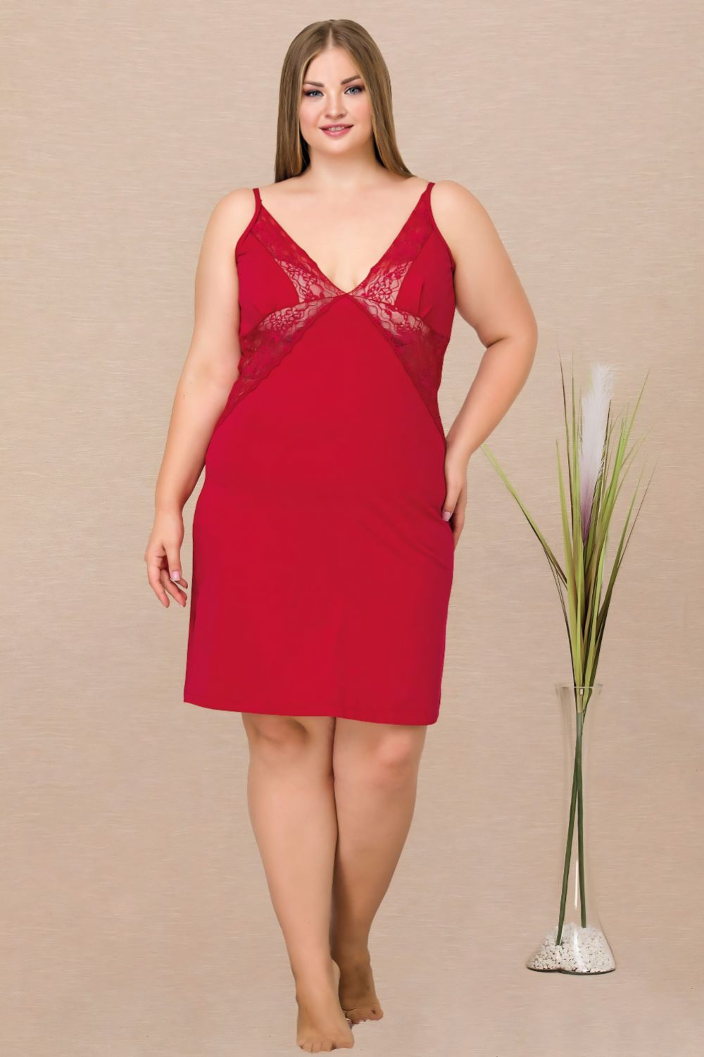 Μονόχρωμο Γυναικείο Νυχτικό Plus Size 8900 - ΚΟΚΚΙΝΟ, 4XL