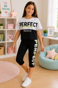 Σετ Παιδικό Μπλουζάκι Παντελονάκι Miss Perfect E0441 - ΛΕΥΚΟ-ΜΑΥΡΟ, 4 Ε